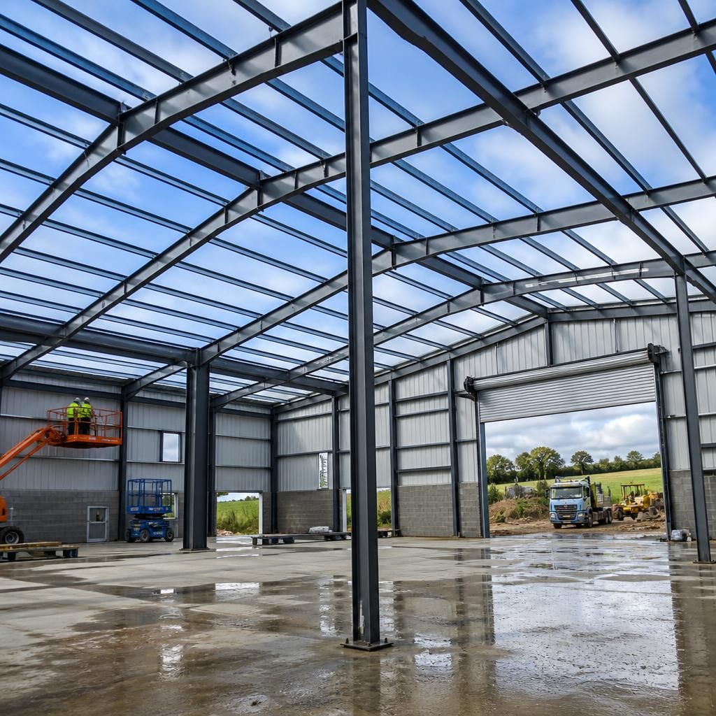 Steel workshop frame with roof trusses and large vehicle access doors