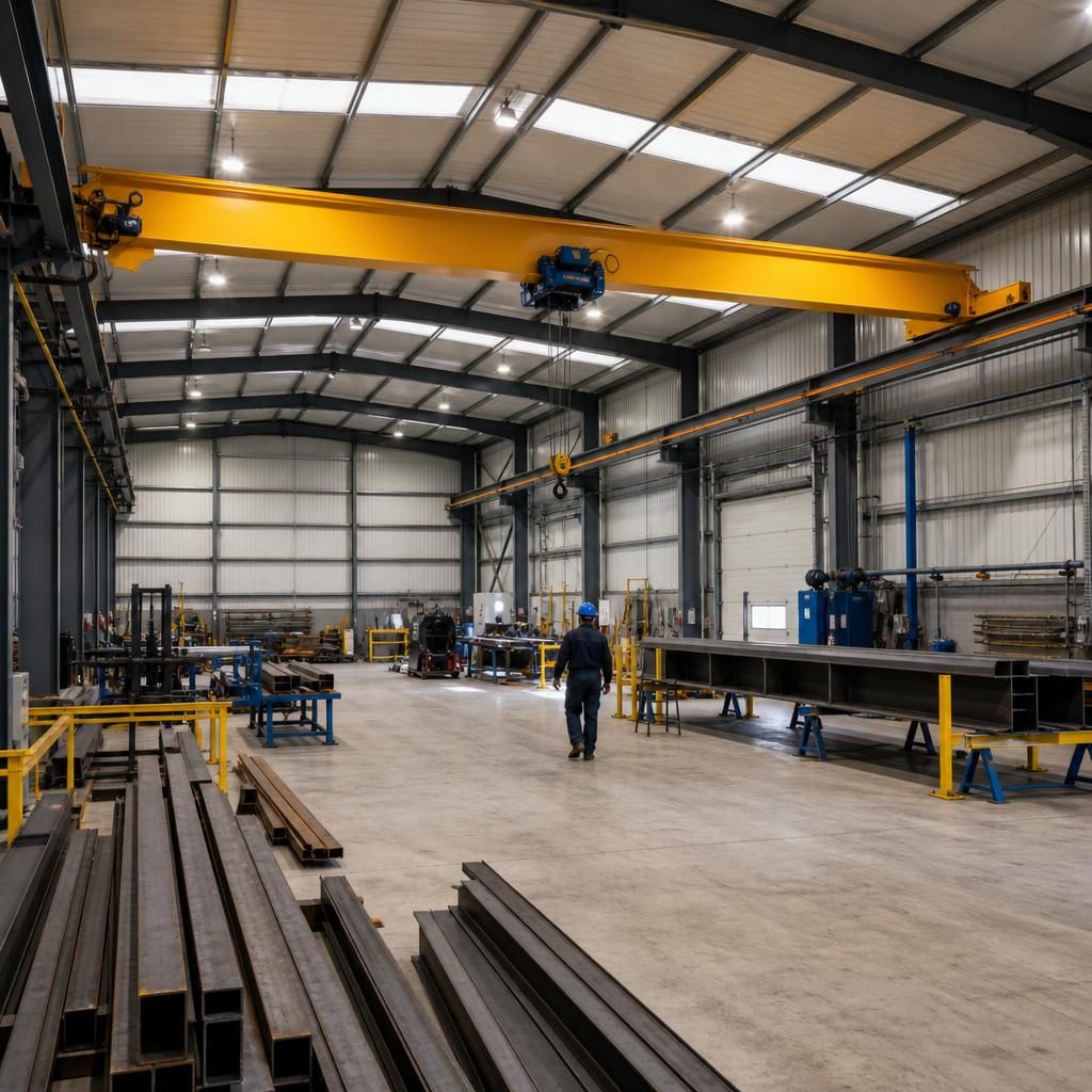 Steel workshop interior with an overhead bridge crane and runway beams