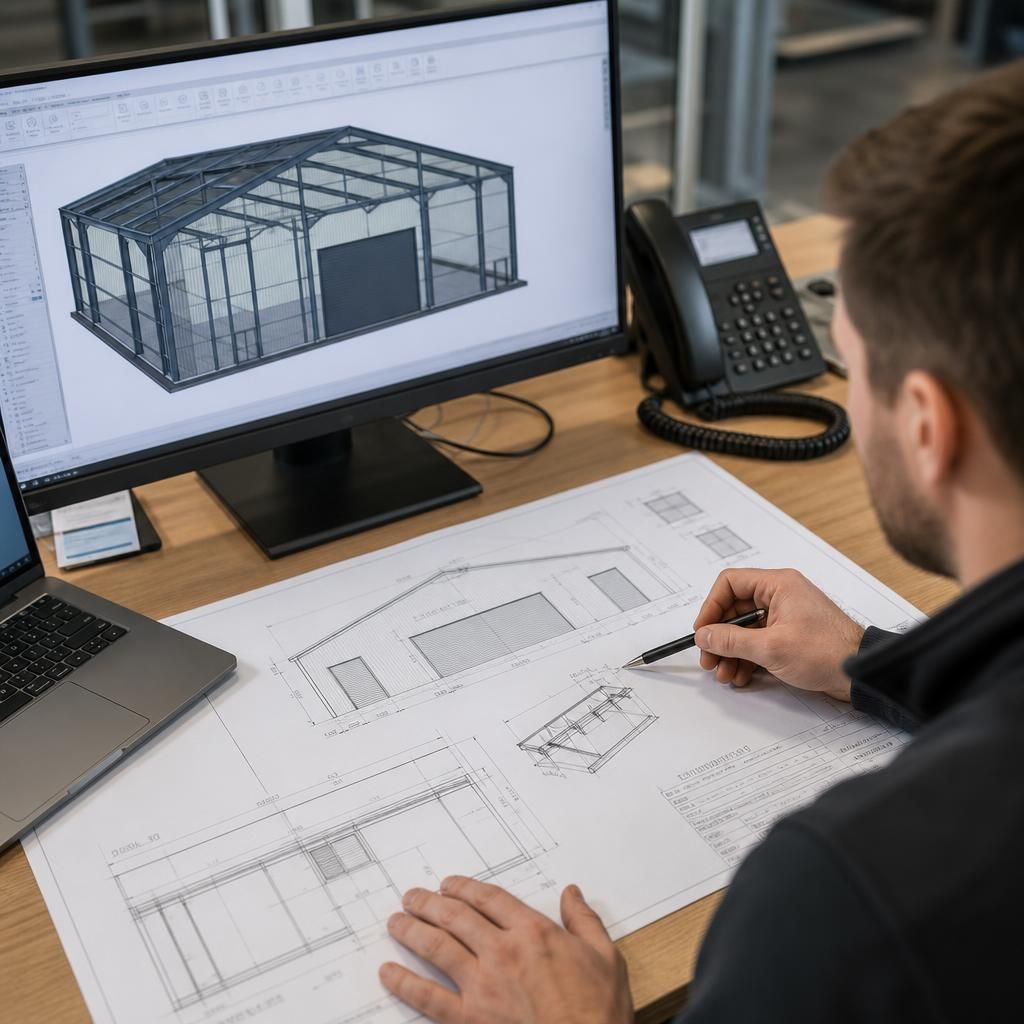 Steel workshop plans showing dimensions, door positions and internal layout