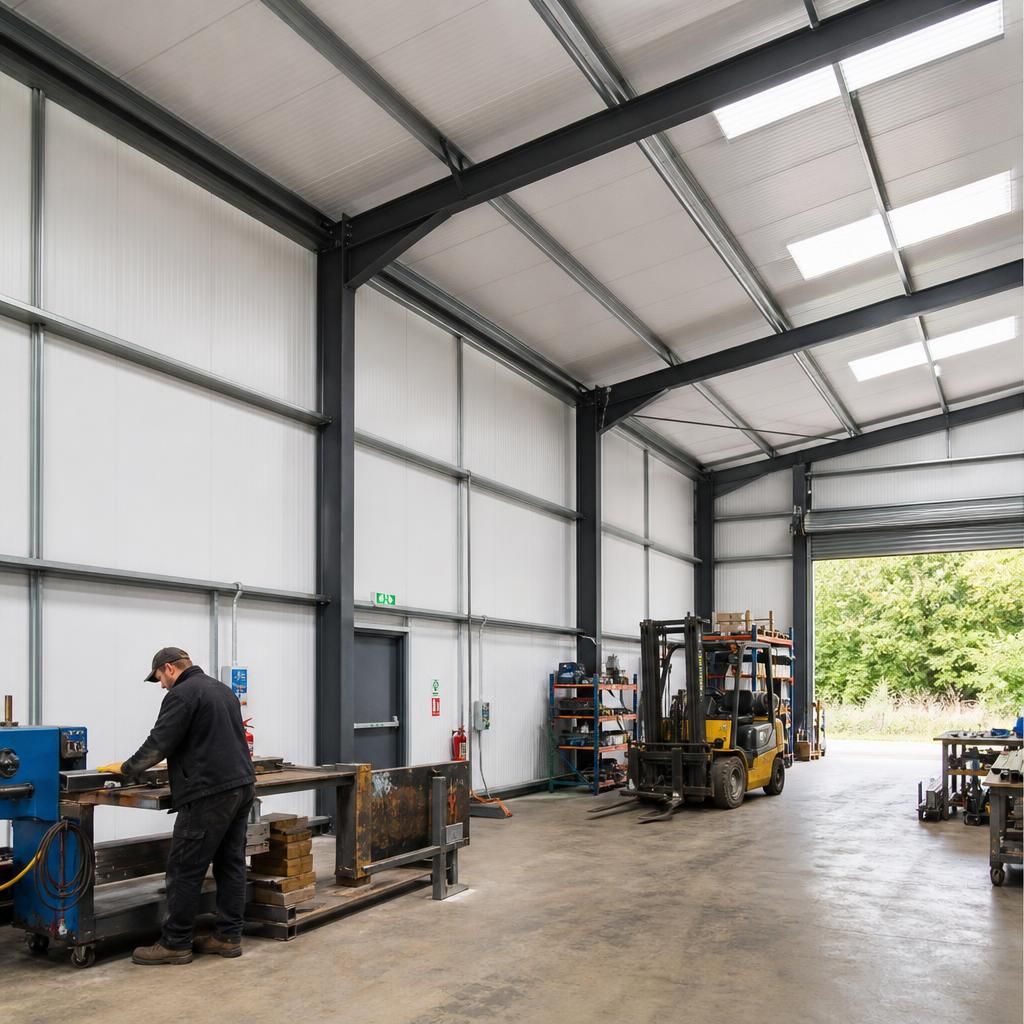 Steel workshop interior with insulated wall panels, roof lining and structural frame