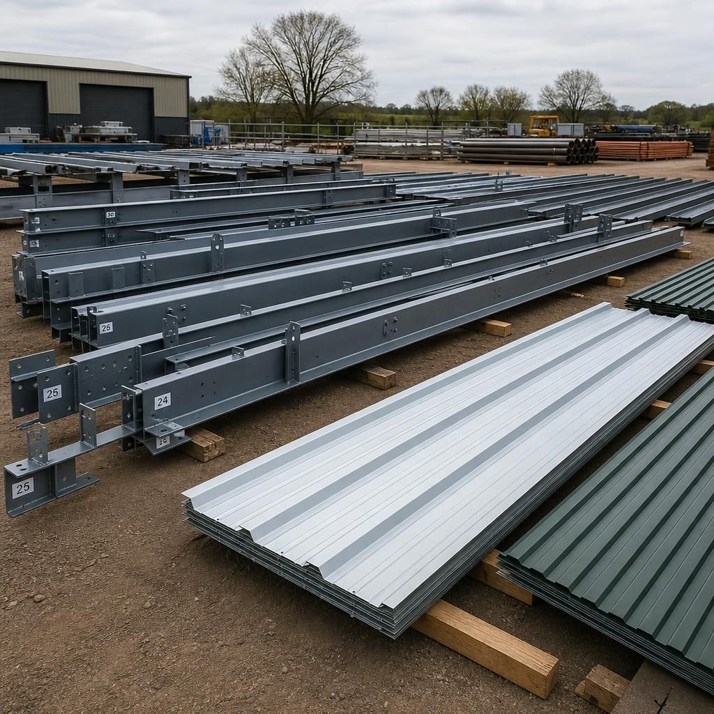 Numbered steel frame sections, roof purlins and cladding sheets arranged for workshop kit assembly