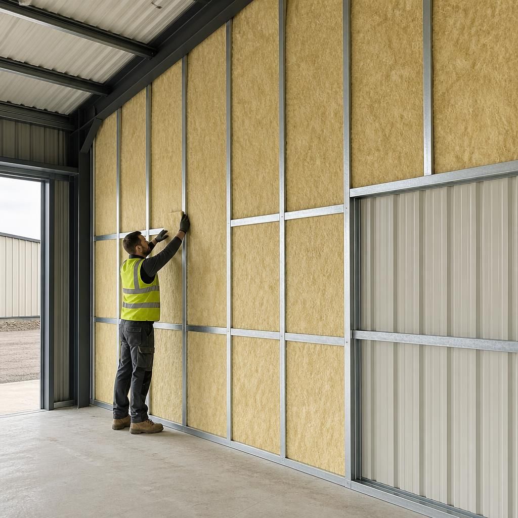 Insulation panels fitted between steel frame members inside a metal building