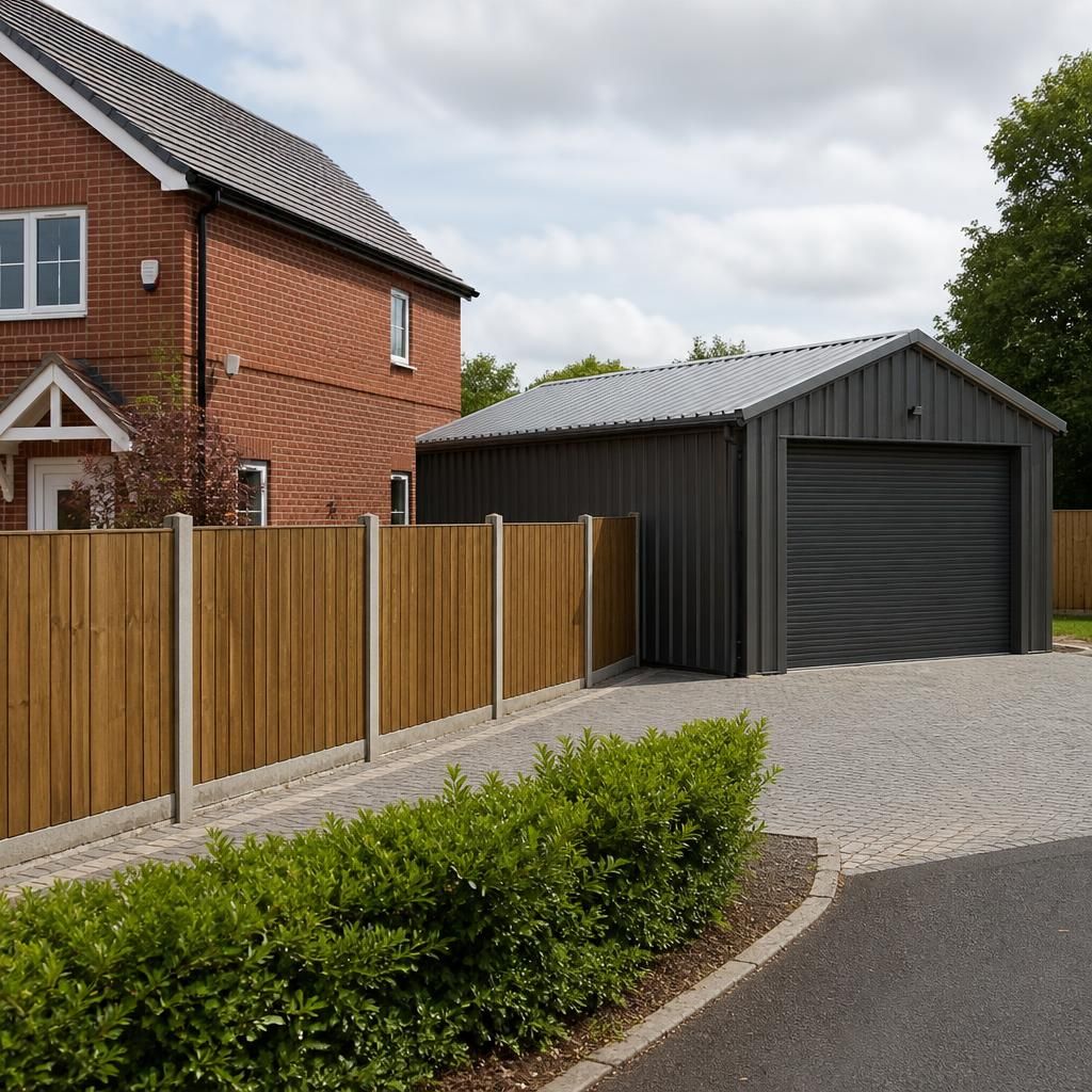 Steel garage beside a house with boundary fencing and a pitched roof