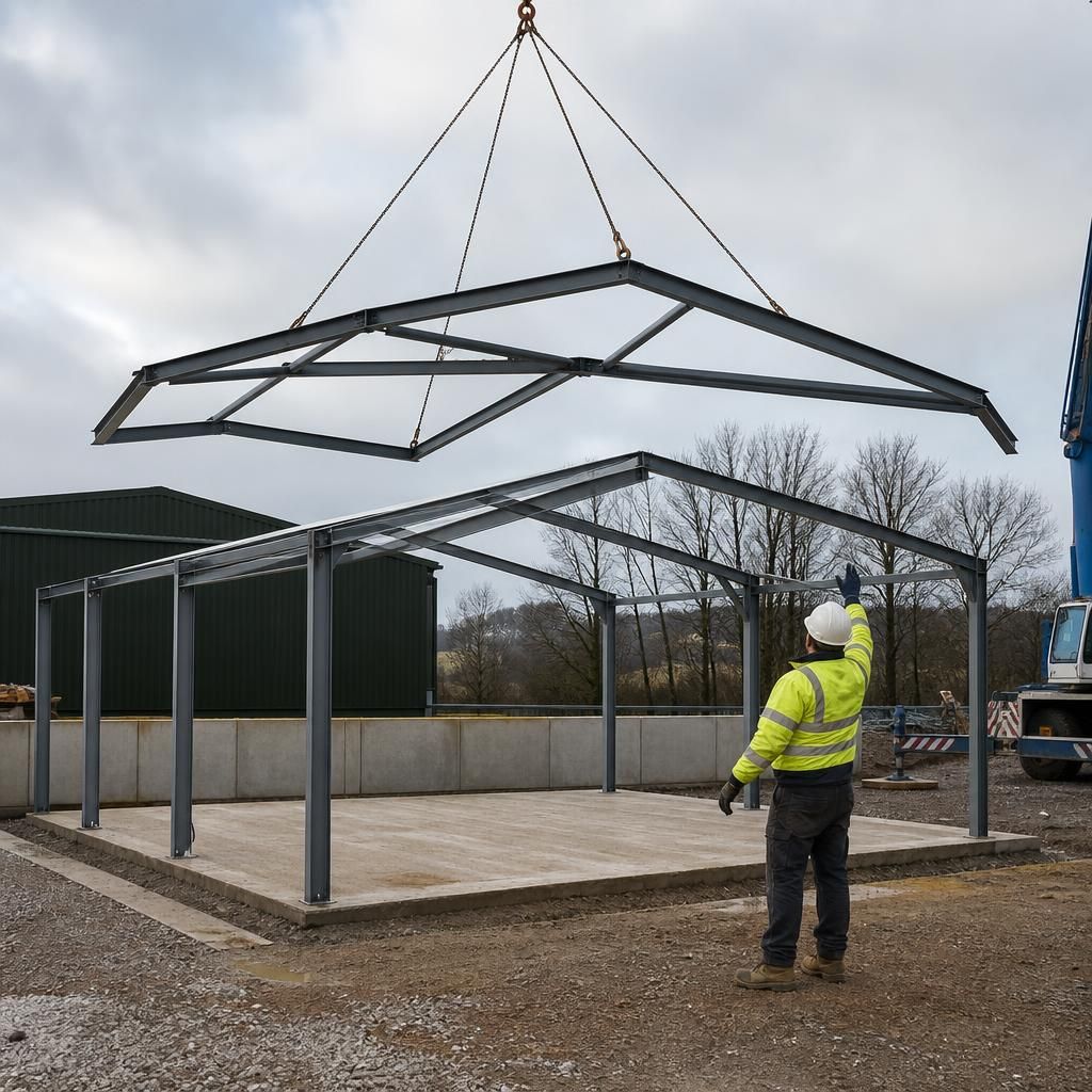 Steel frame being lifted into position during garage assembly