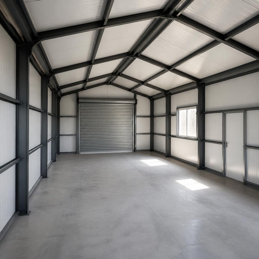Steel garage interior showing insulated wall and roof panels around the frame