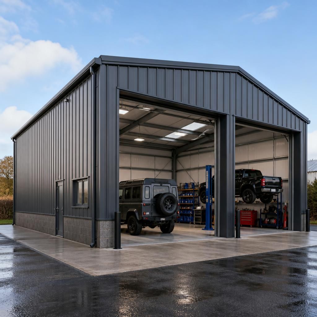 Steel-framed metal garage with vehicle doors and a pitched roof
