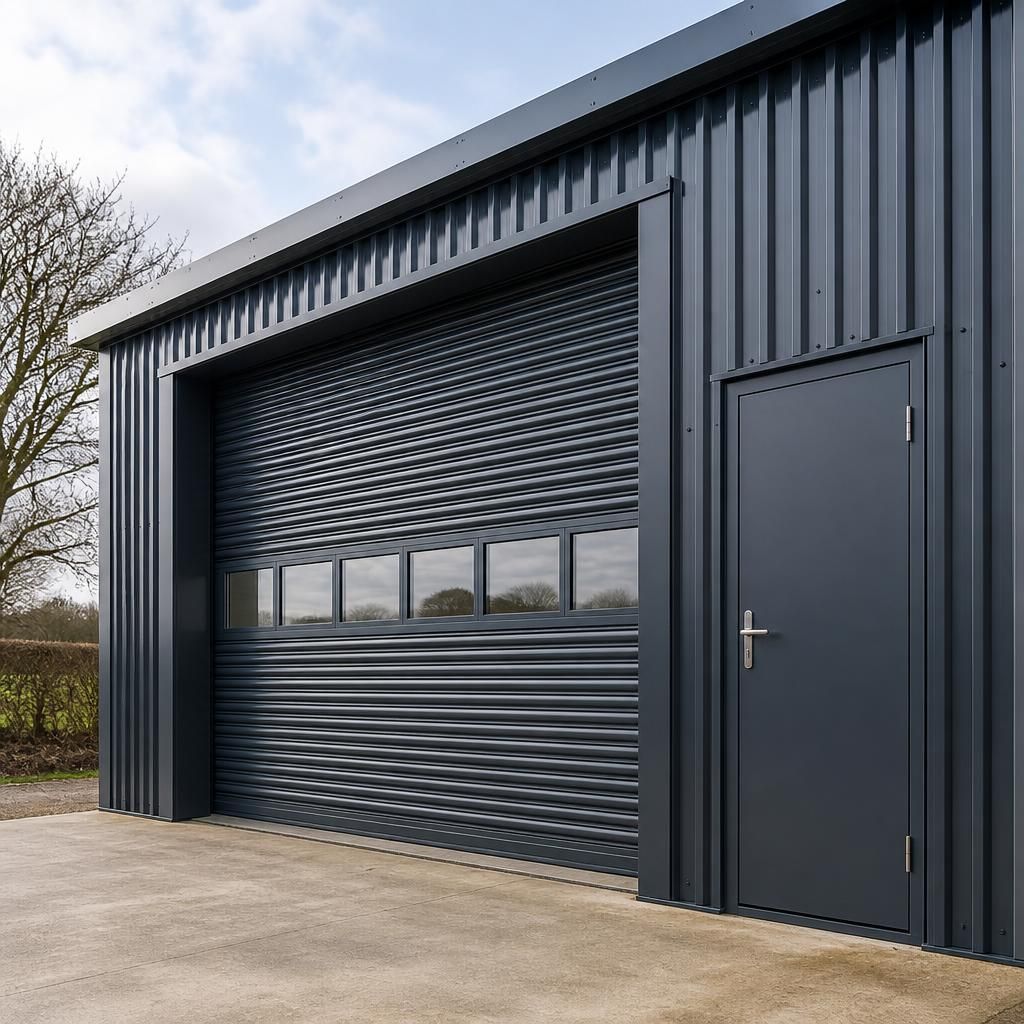 Custom metal garage showing a roller shutter door beside a personnel door