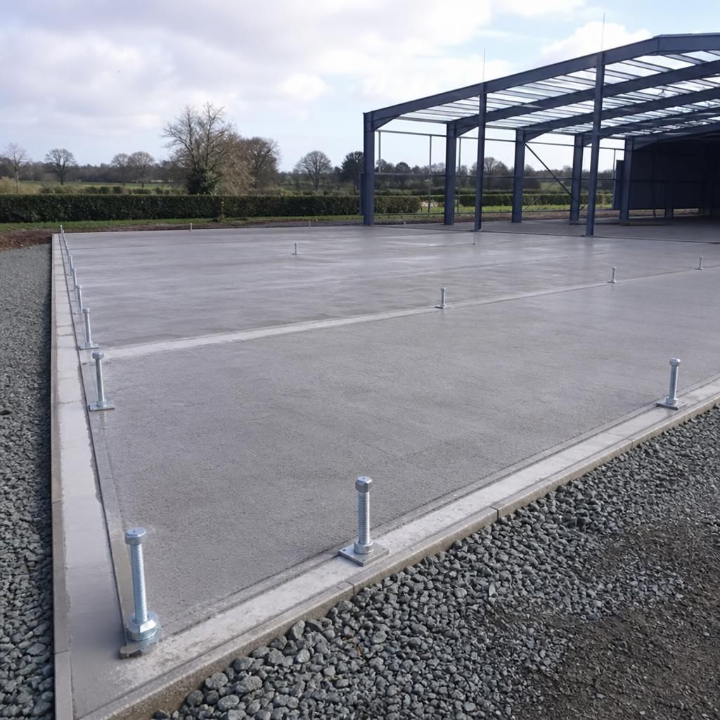 Level concrete garage base with exposed steel frame anchor bolts
