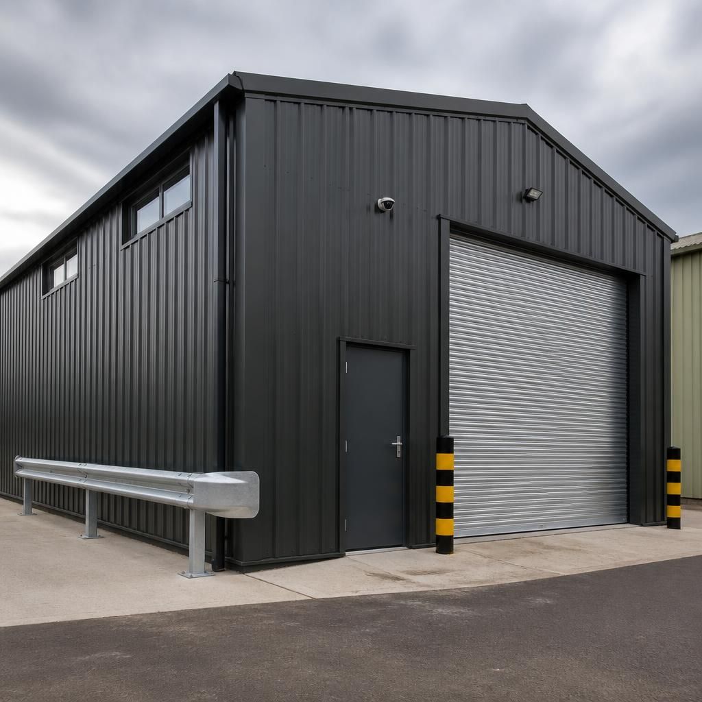 Steel garage exterior with a roller door, personnel door and high-level windows