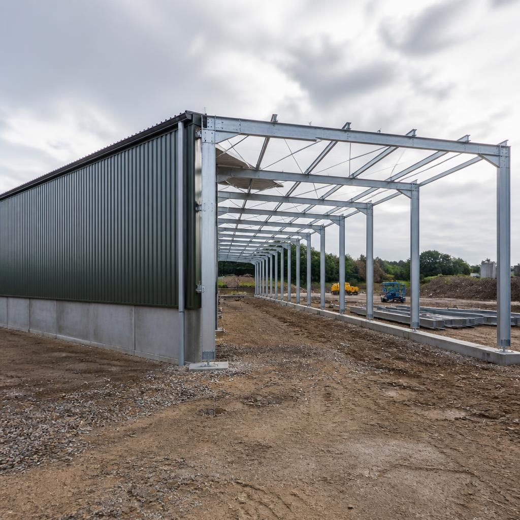 Steel portal frames joined at the end of a metal outbuilding