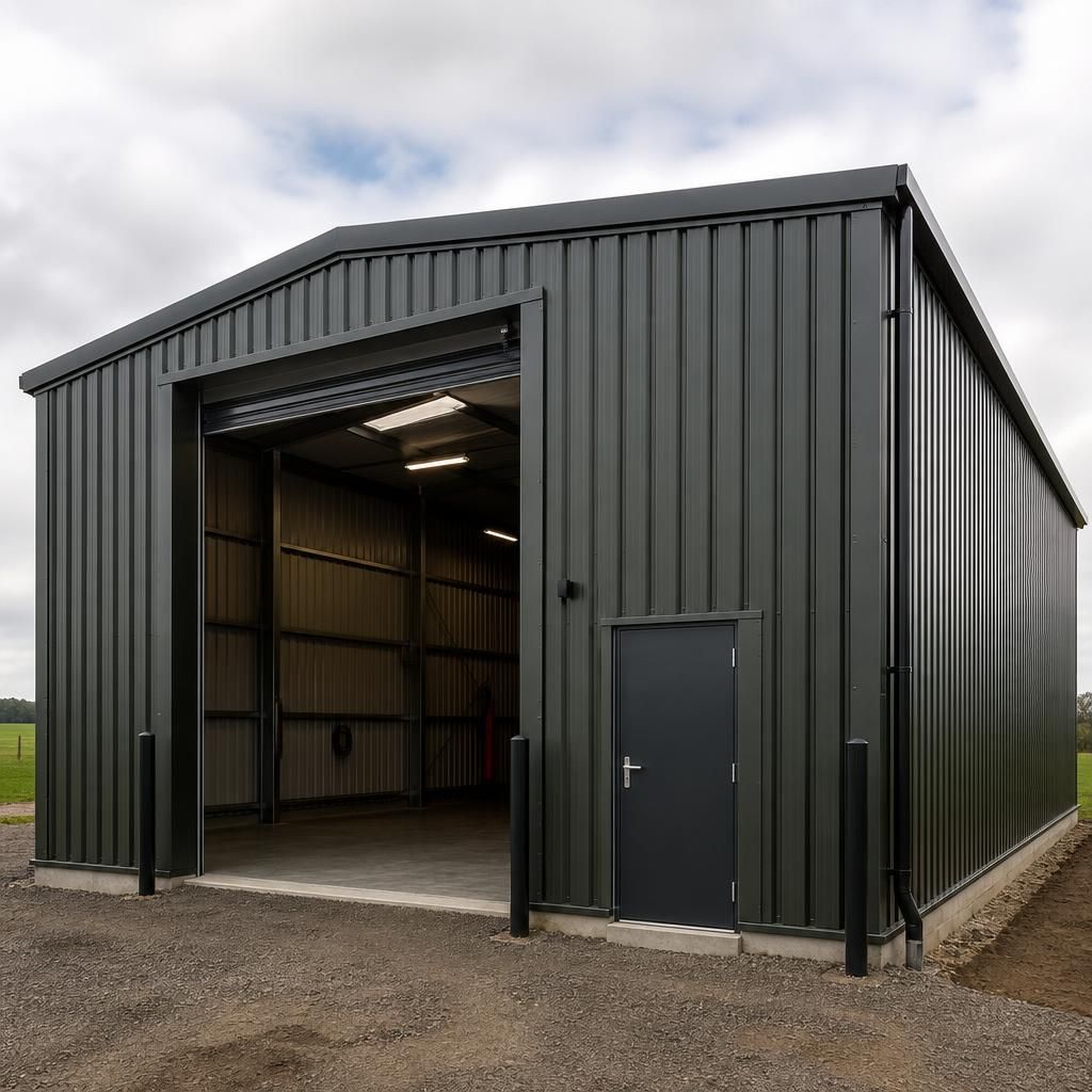 Metal outbuilding with a large vehicle door and separate personnel entrance