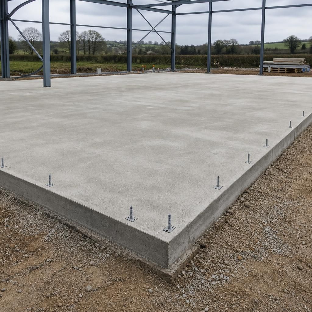 Reinforced concrete slab with steel frame anchor bolts positioned around the perimeter