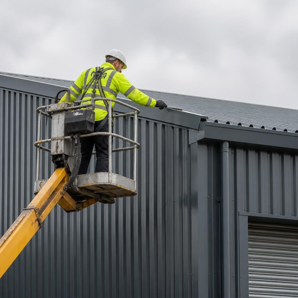 Close-up of a steel frame connection with protective coating and roof cladding