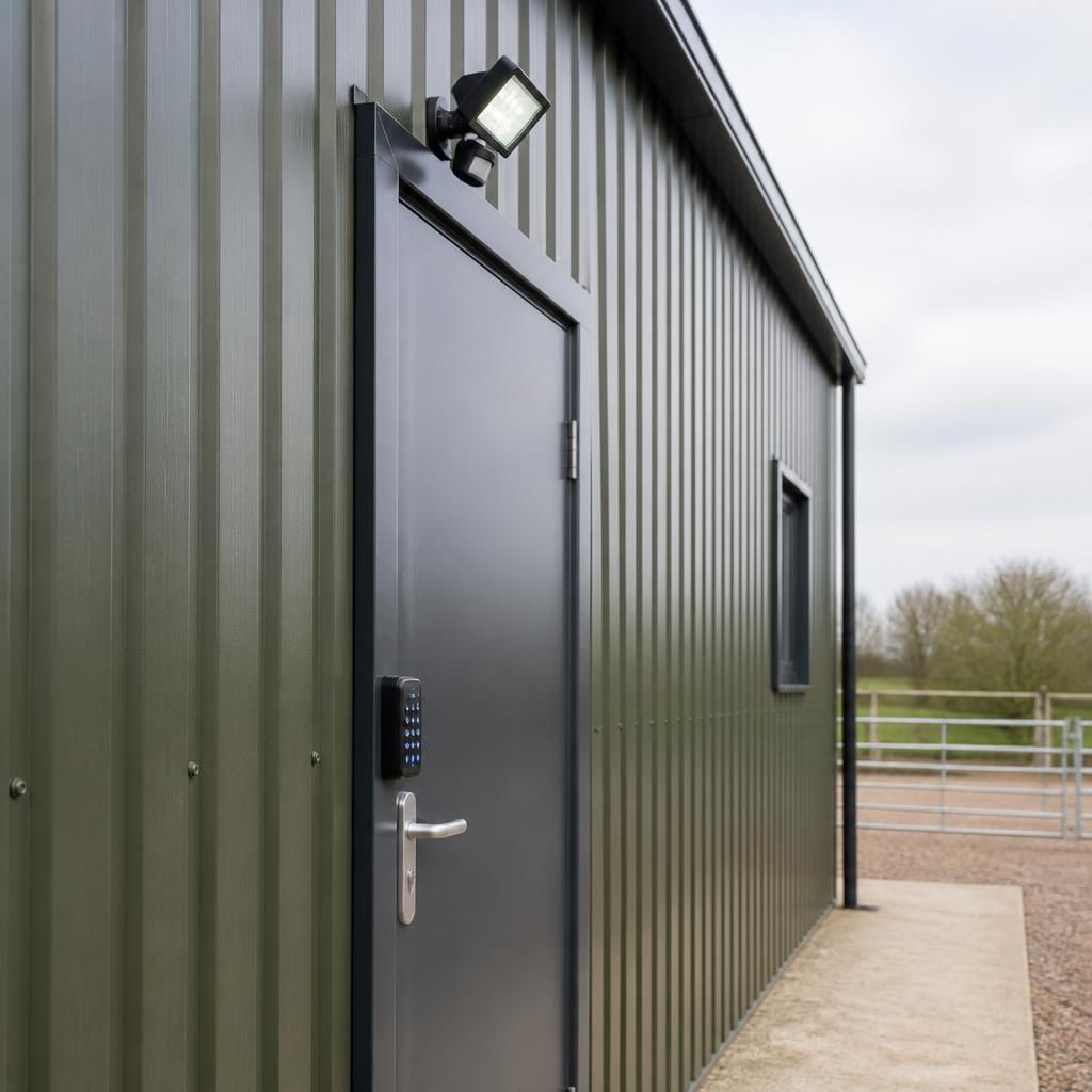 Steel outbuilding with a reinforced personnel door, keypad lock and external security light