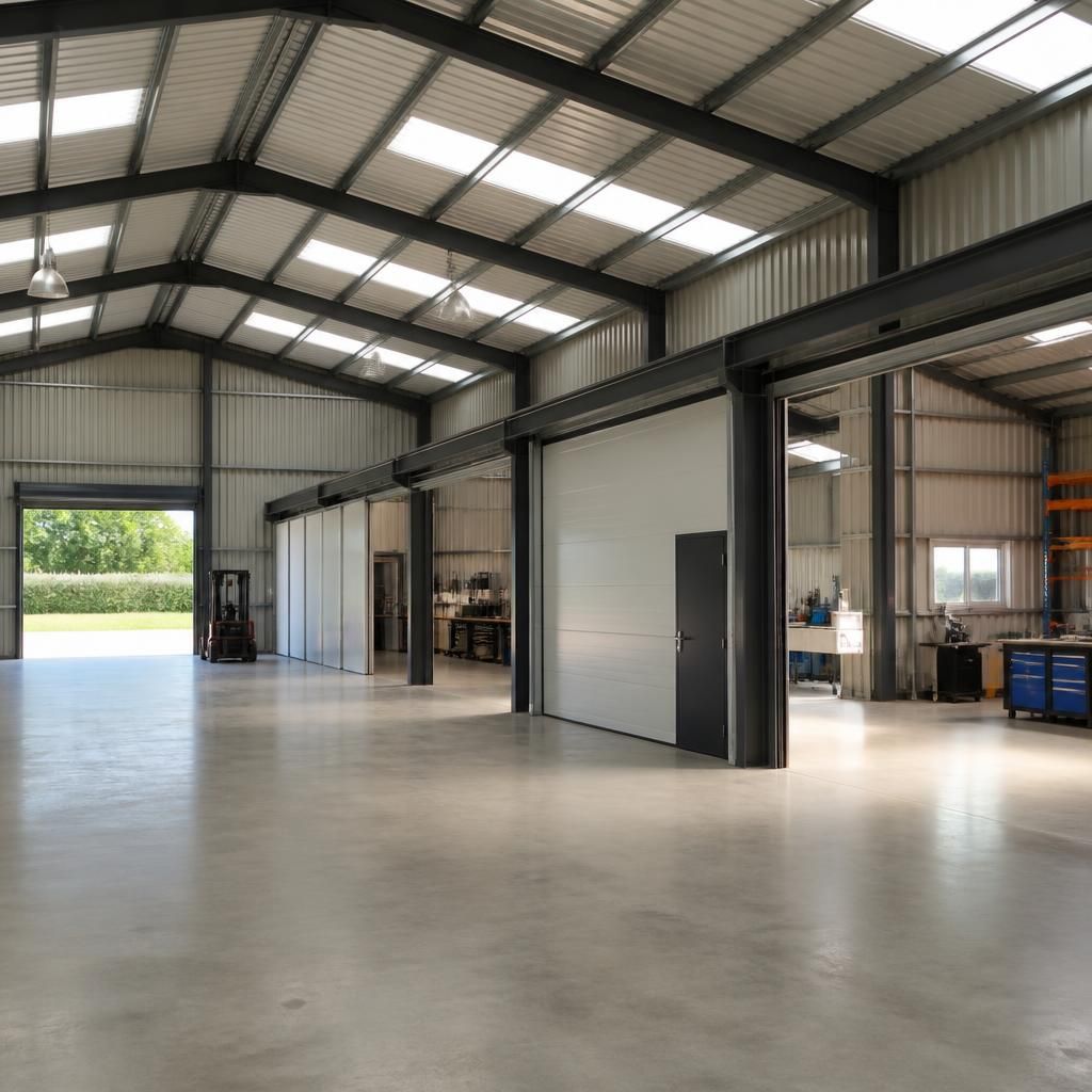 Steel shed interior with open floor space, partition panels and multiple access doors