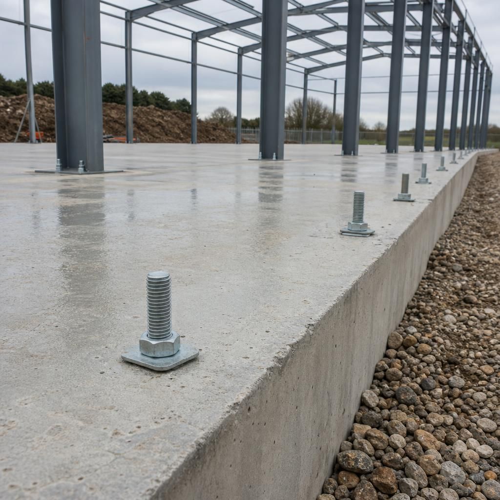 Reinforced concrete base with holding-down bolts ready for a steel shed frame