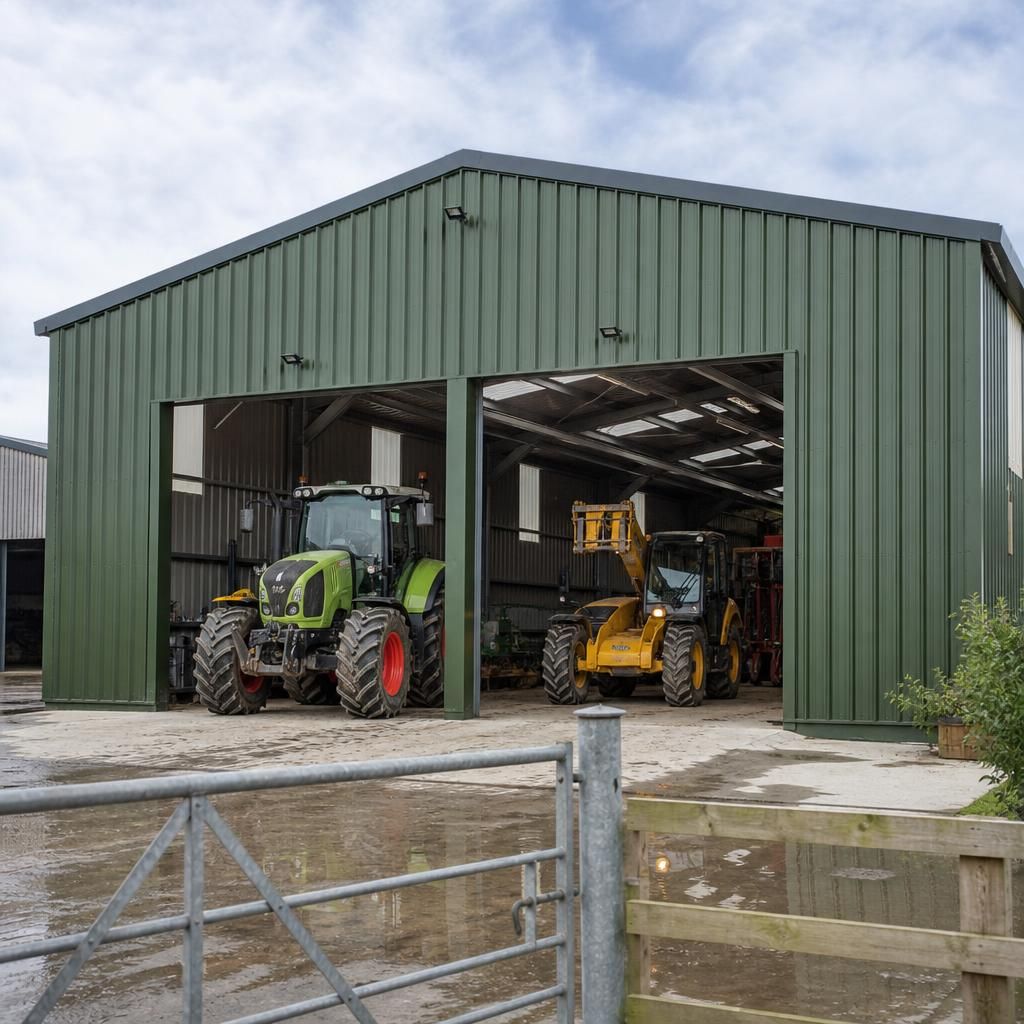 Steel-framed agricultural shed with wide vehicle access doors