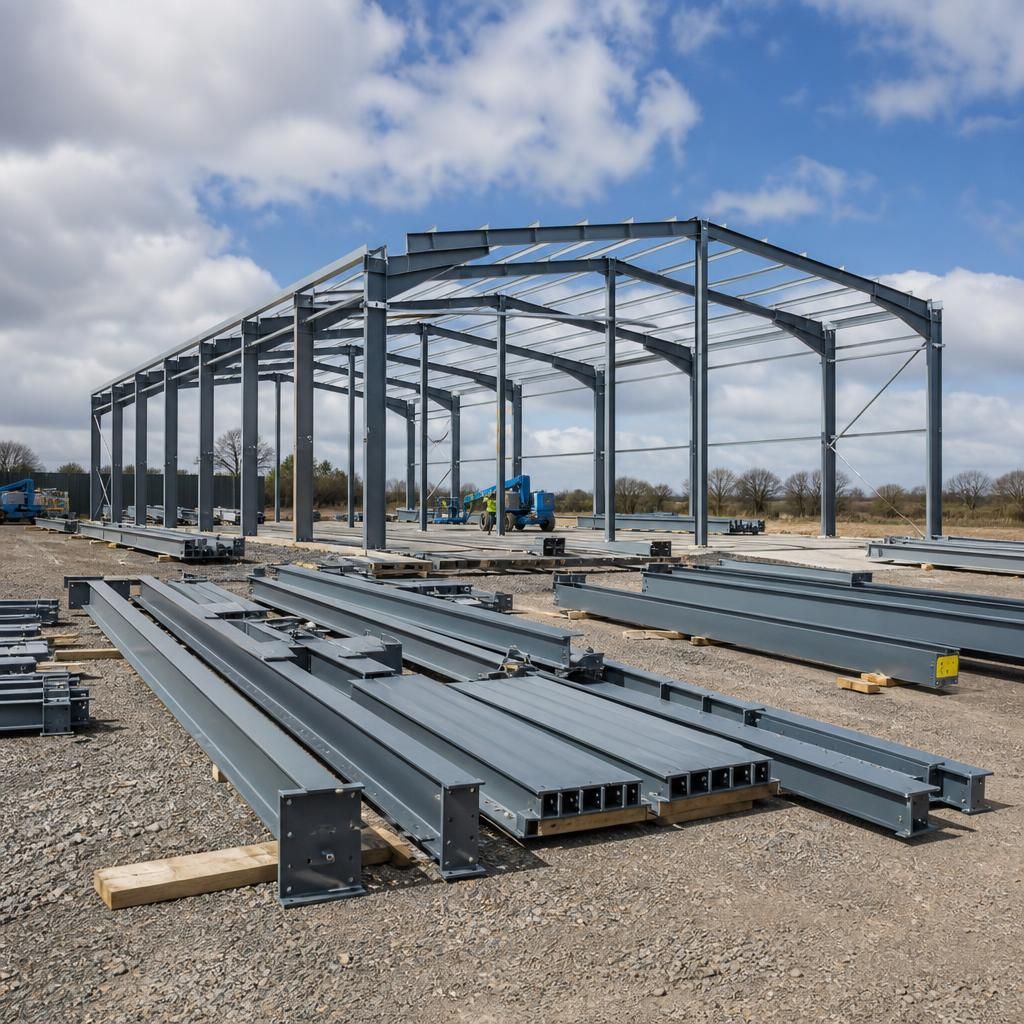 Hot rolled steel frame components laid out for assembly