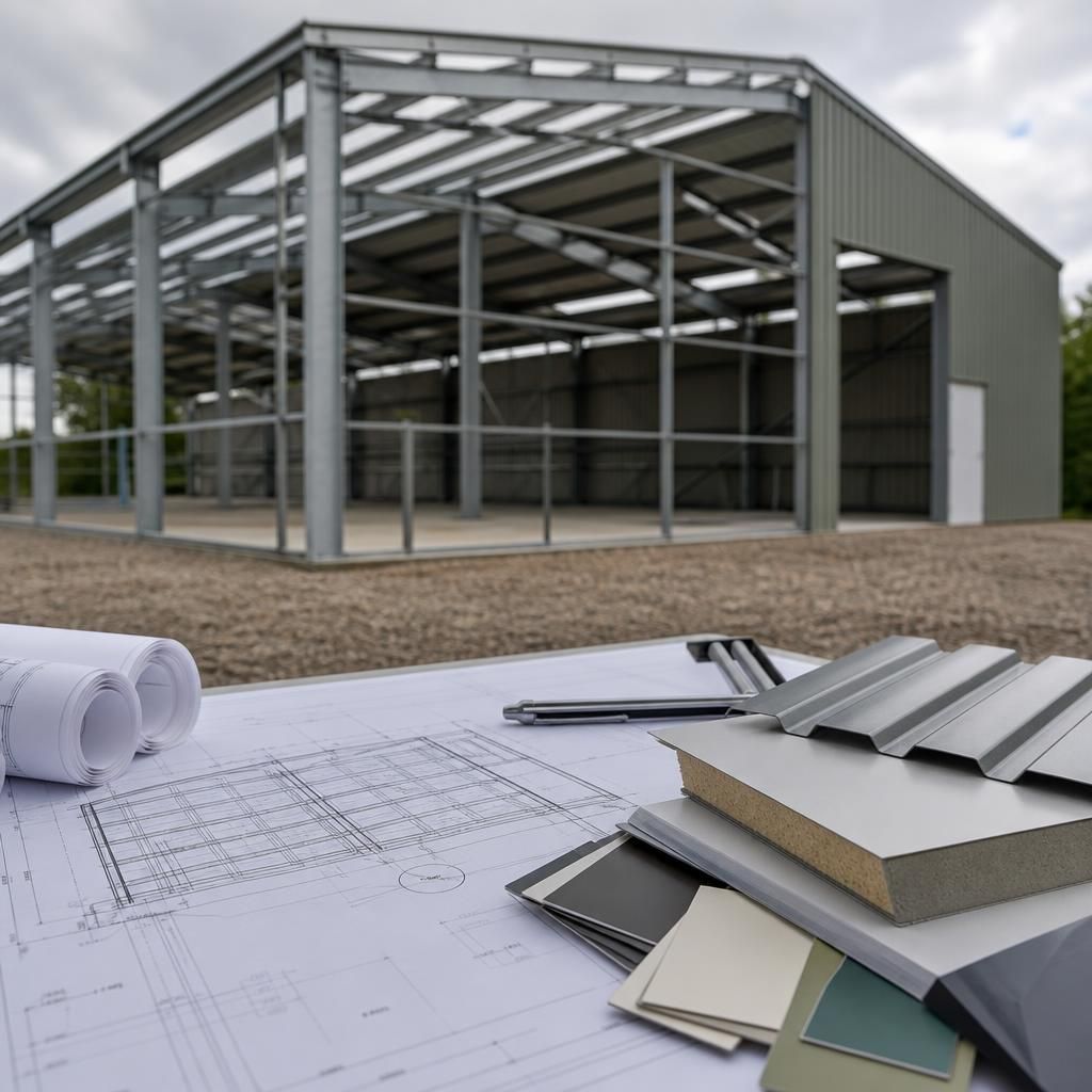Architectural drawings beside a steel storage shed frame and cladding samples
