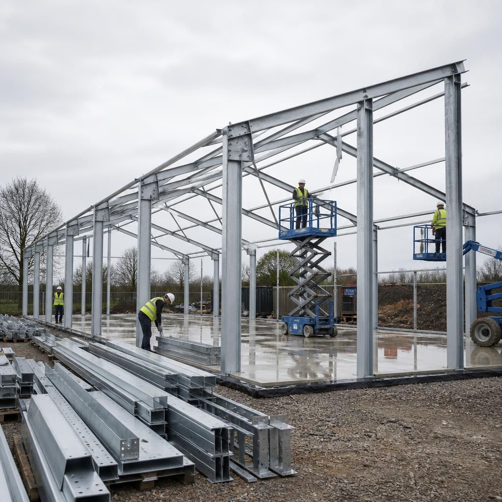 Steel frame sections being assembled for a metal storage shed