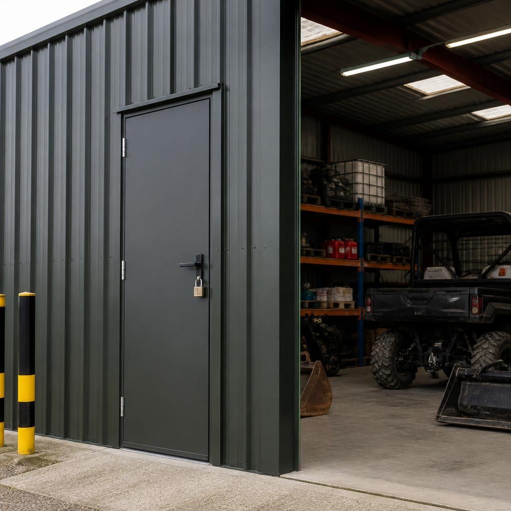 Steel storage shed with a closed personnel door and padlock beside stored equipment