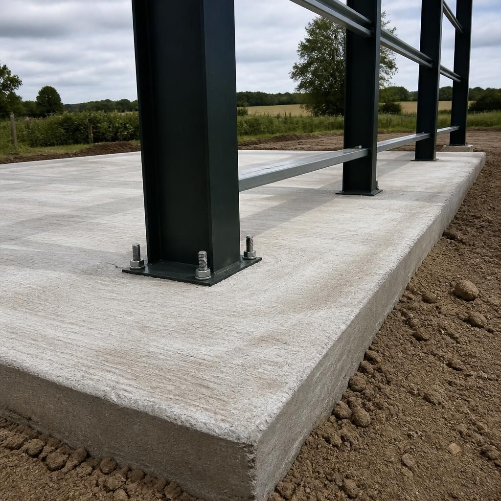 Steel shed frame fixed to a level concrete slab with anchor bolts