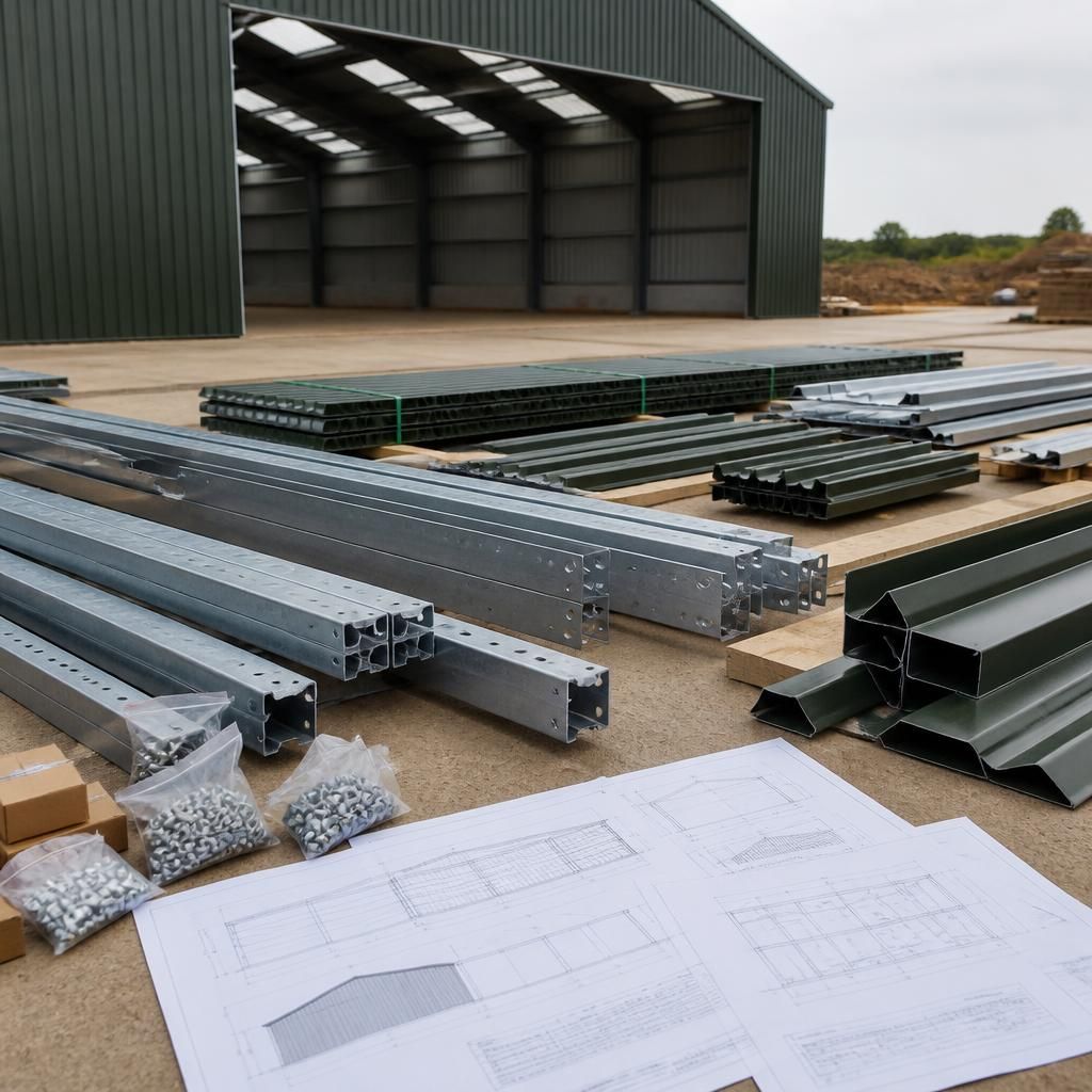 Steel shed kit components arranged beside fabrication and assembly drawings