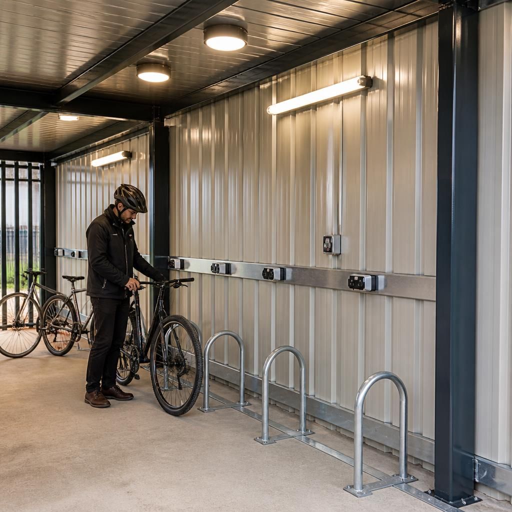 Steel bike shed interior with cycle racks, wall lights and electrical sockets