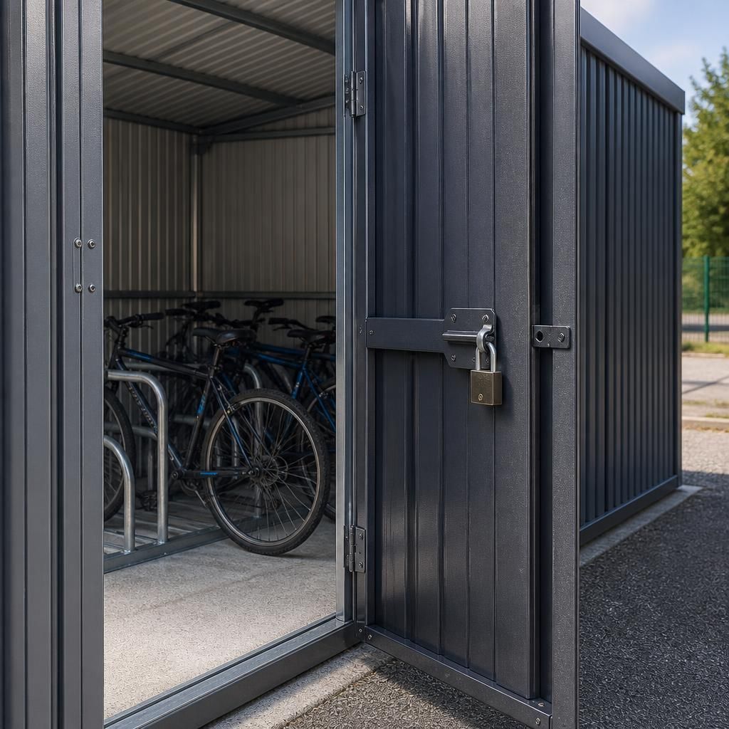 Steel bike shed door with a heavy-duty padlock and protected hinges