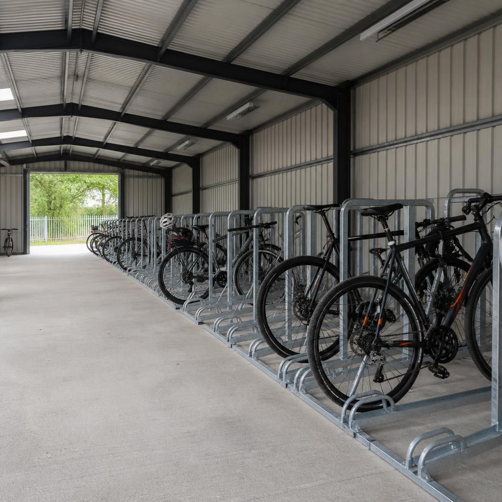 Steel bike shed interior with Sheffield cycle racks and parked bicycles