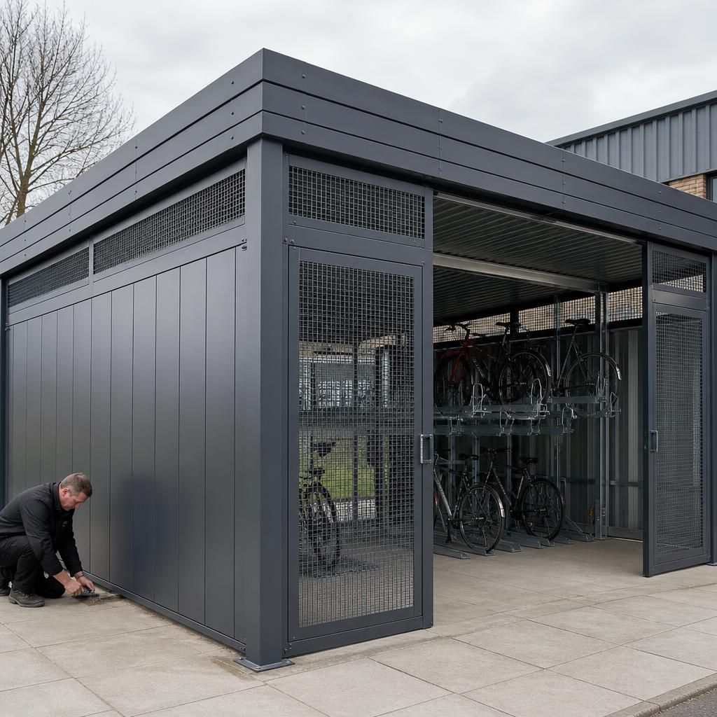 Steel cycle storage shed showing roof panels, frame joints and ventilation openings