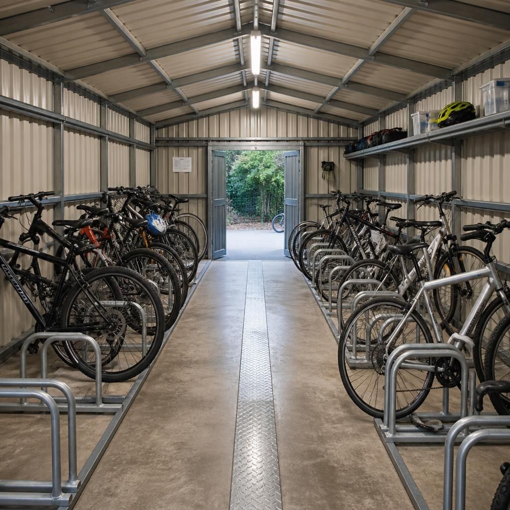 Steel bike shed interior with cycle racks and a central access route