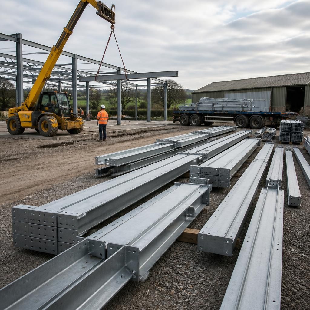 Steel shed components positioned beside a cleared construction area