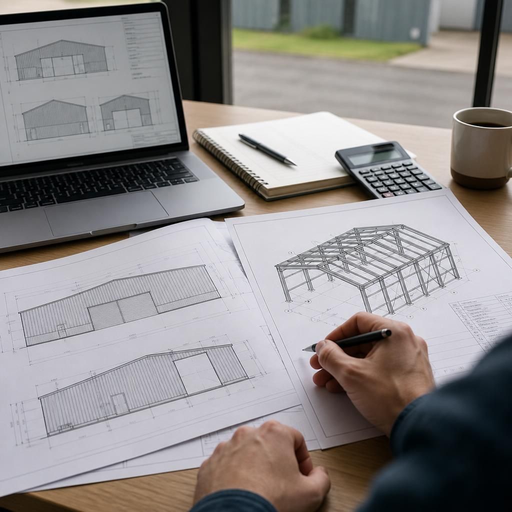 Steel building elevation drawings and an isometric fabrication blueprint on a desk