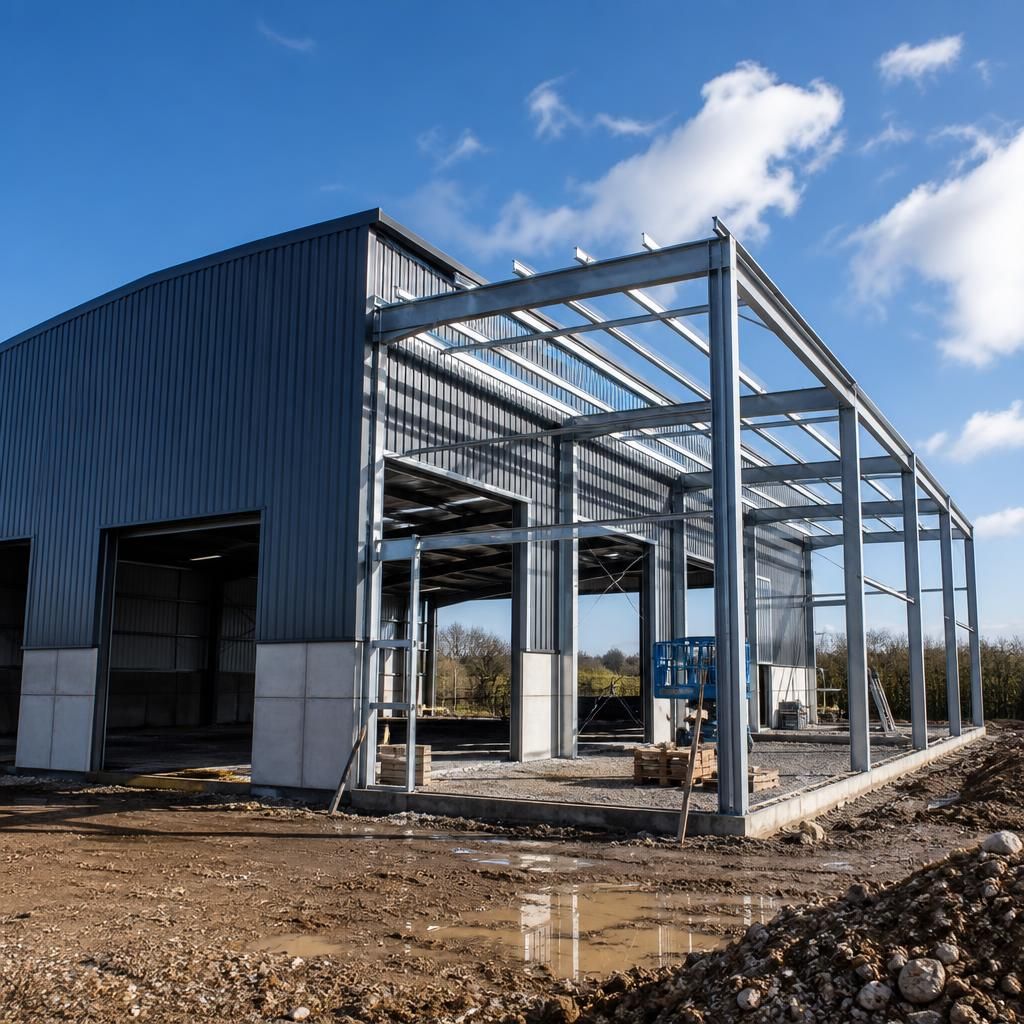 Steel-framed industrial building with an additional bay under construction