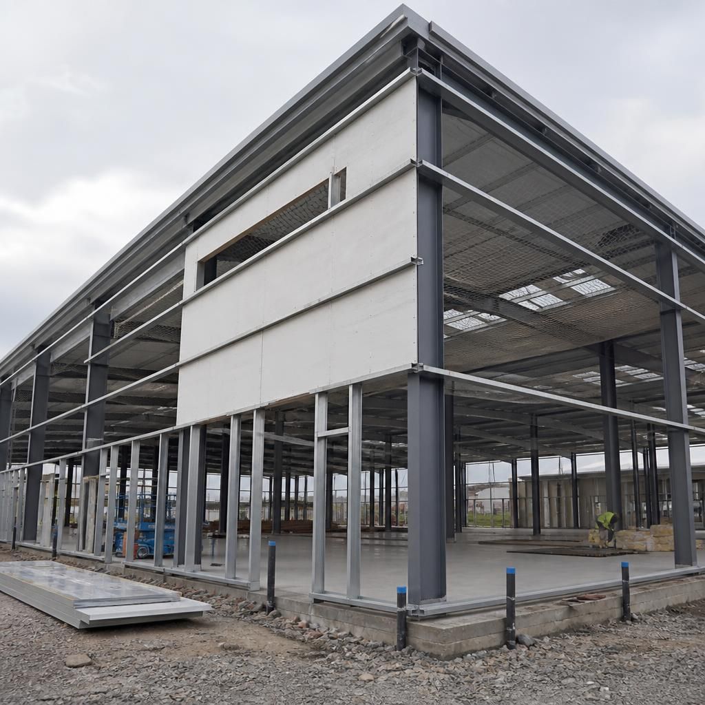 Steel-framed commercial building with fire-resistant cladding and internal fire doors