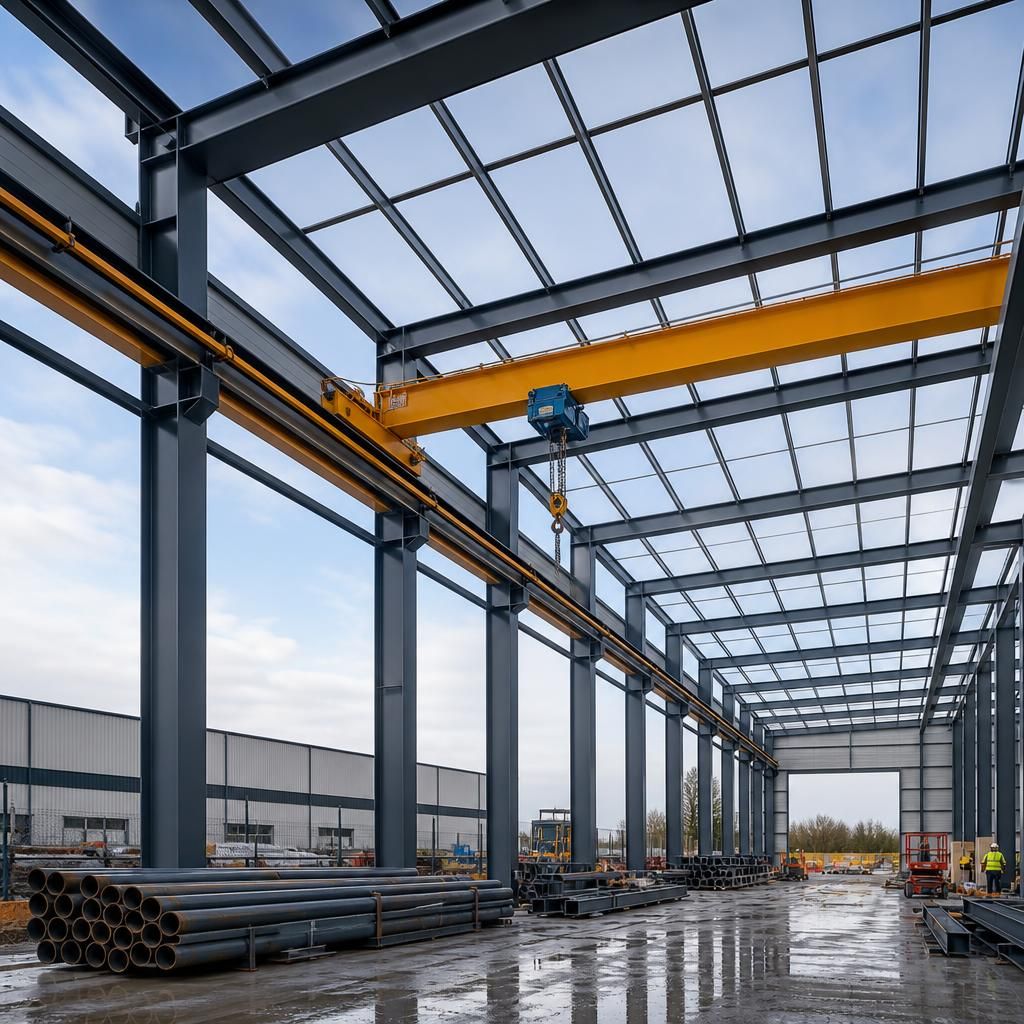 Steel portal frame with overhead crane rails inside a commercial building