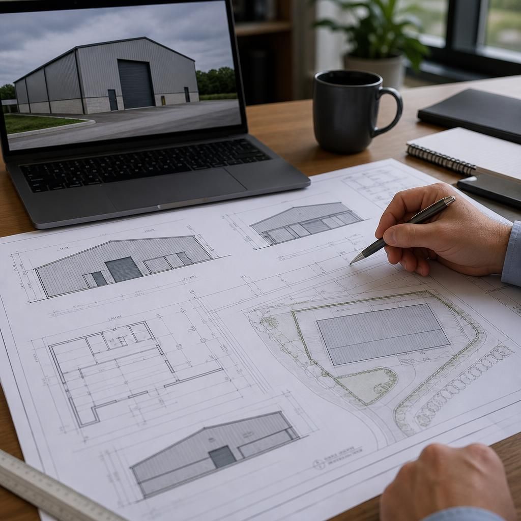 Planning drawings showing elevations and site layout for a commercial steel building