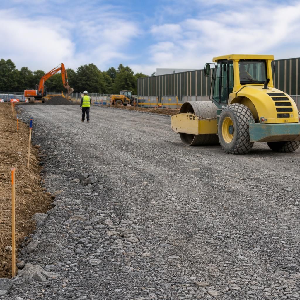 Compacted stone sub-base prepared for a commercial steel building floor slab