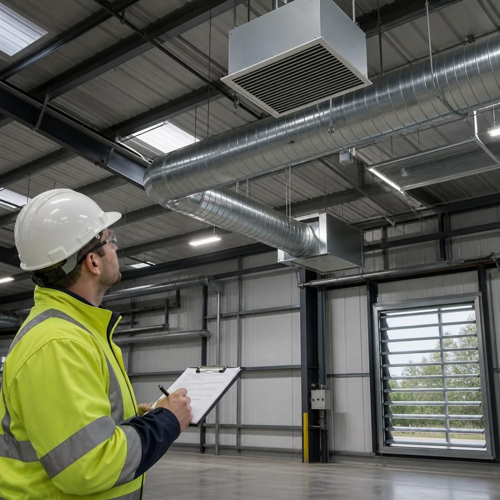 Roof louvres and extraction fans installed in a steel-framed industrial building