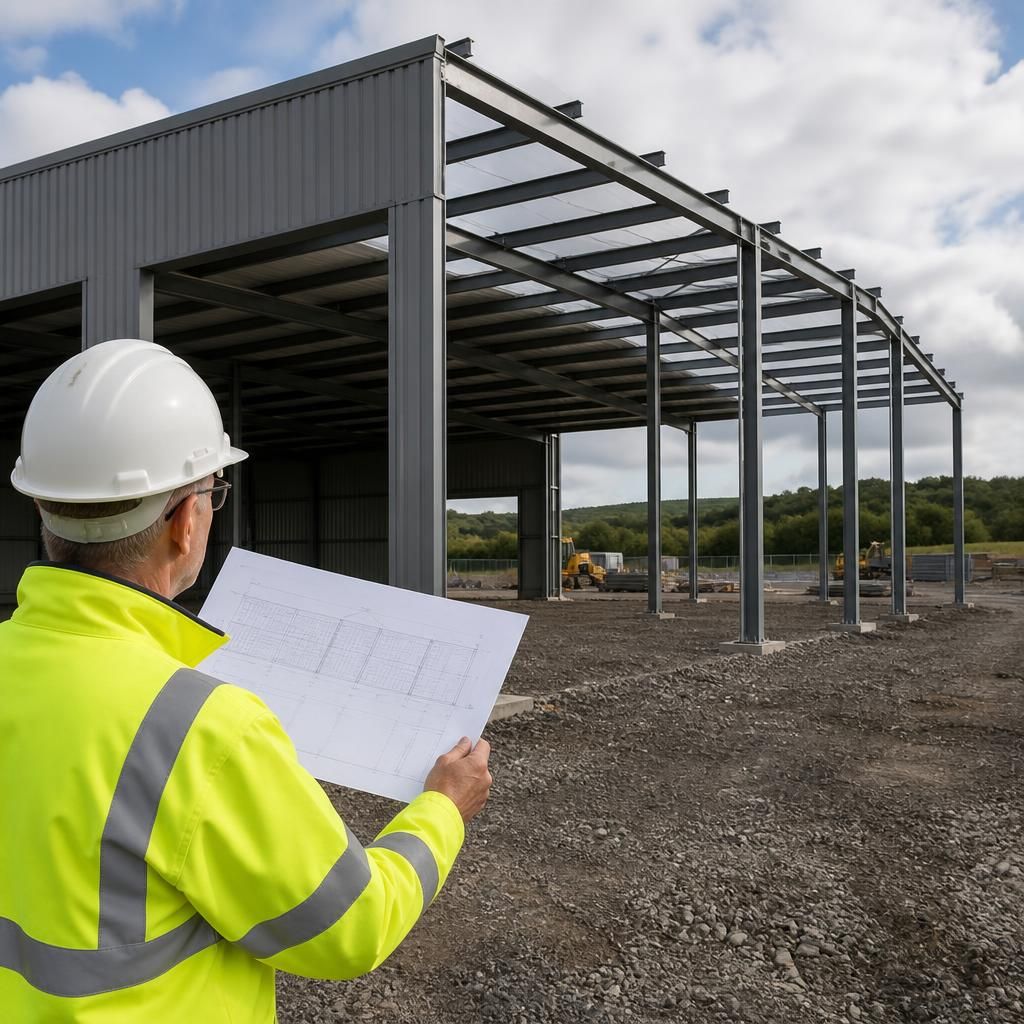 Steel portal frame with an open end prepared for a future extension