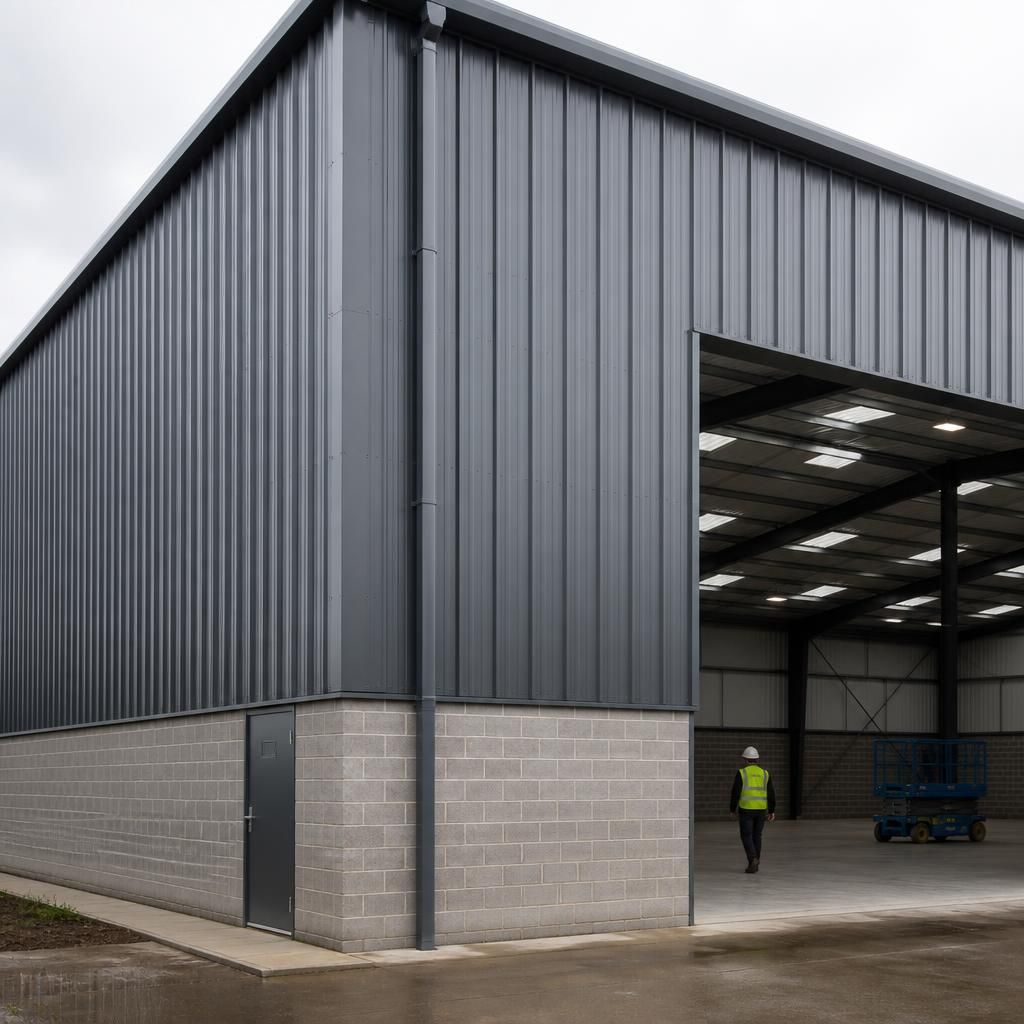 Industrial metal building with profiled steel wall cladding and lower-level masonry