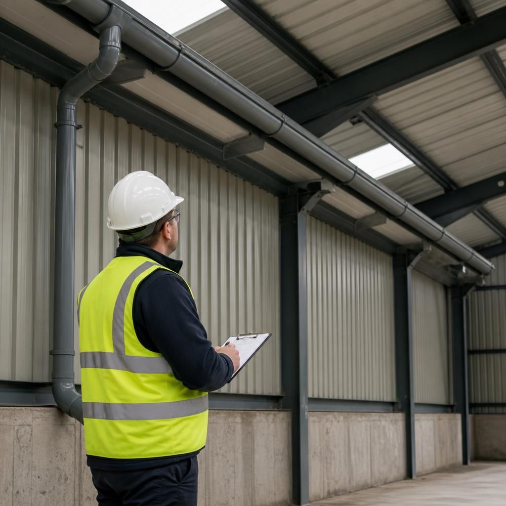 Technician inspecting steel frame, roof cladding and guttering inside an industrial building