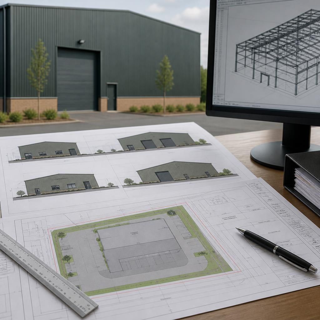 Industrial steel building beside planning elevation drawings and a site layout
