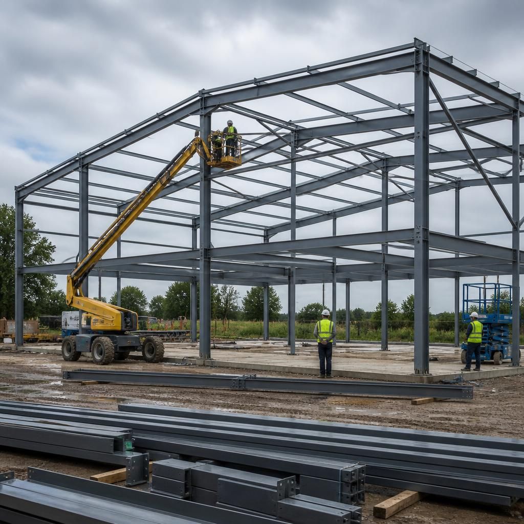 Fabricated steel frame sections being assembled for an industrial building