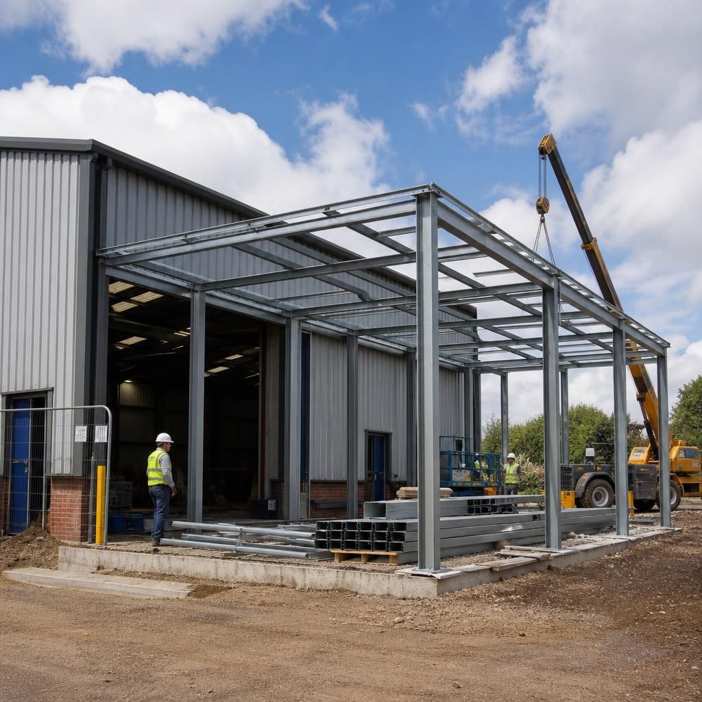 Steel-framed industrial building with an adjoining extension under construction