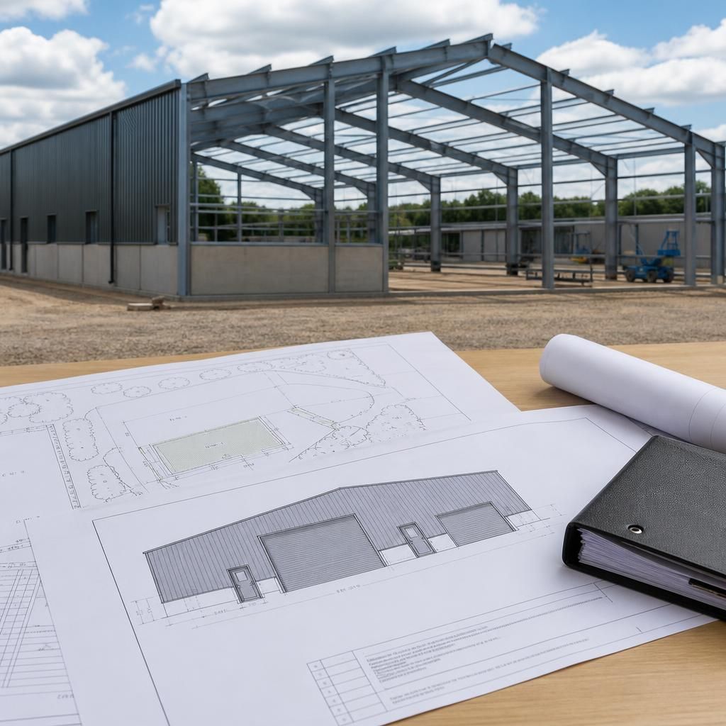 Steel-framed industrial building beside site layout and planning elevation drawings