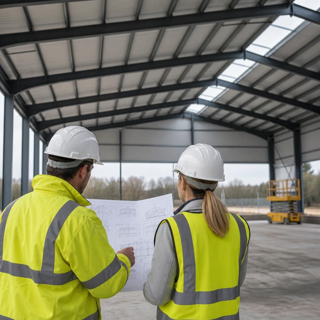 Steel frame and insulated cladding panels being assembled for an industrial building