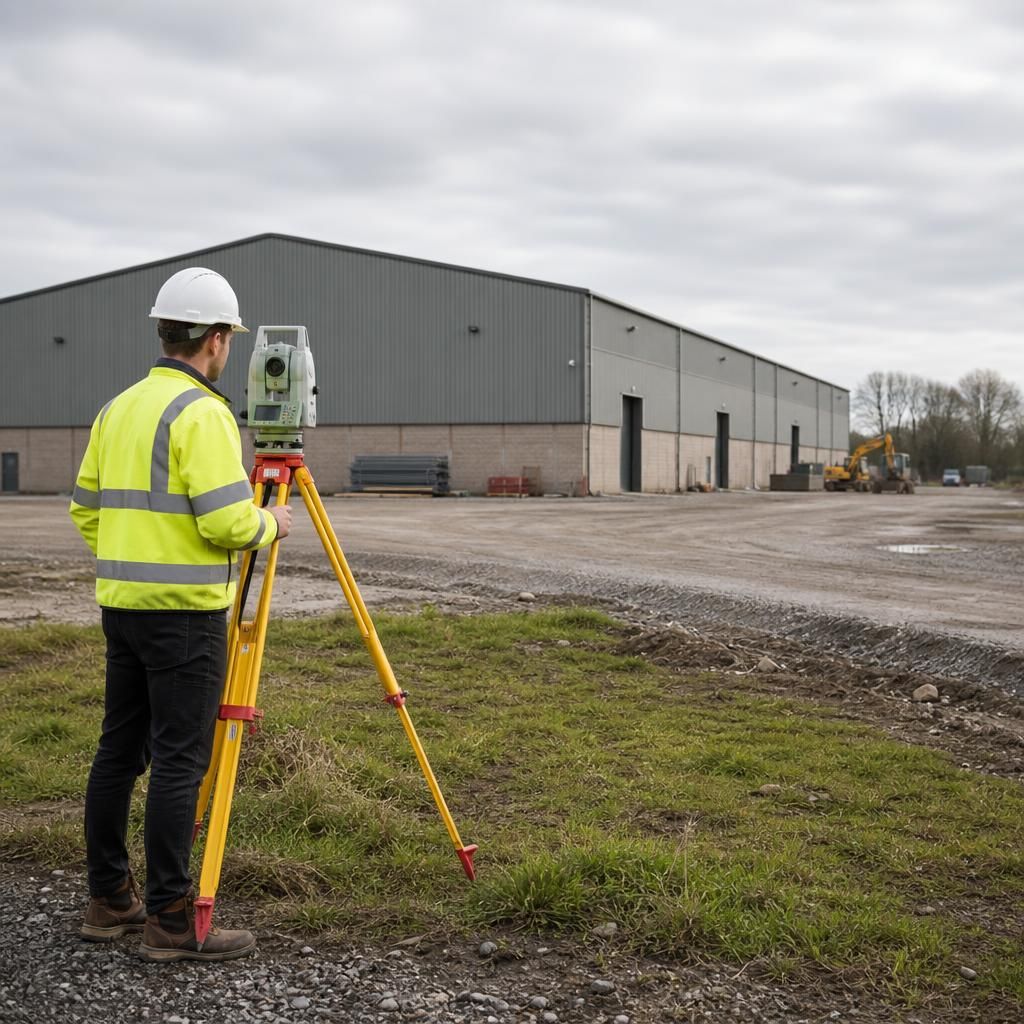 Surveyor measuring a proposed industrial building site beside existing hardstanding
