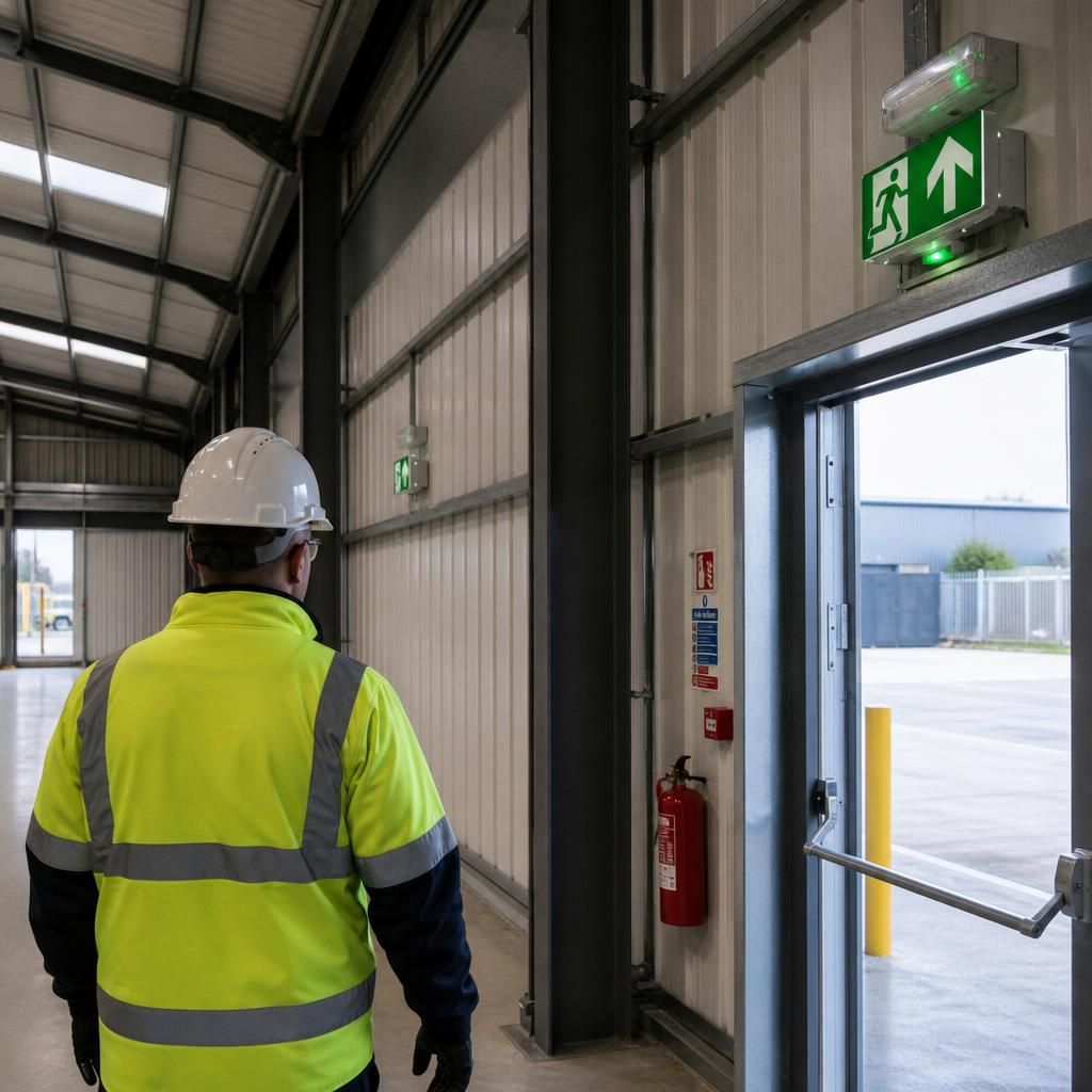 Steel-framed industrial building with marked fire exits and emergency lighting